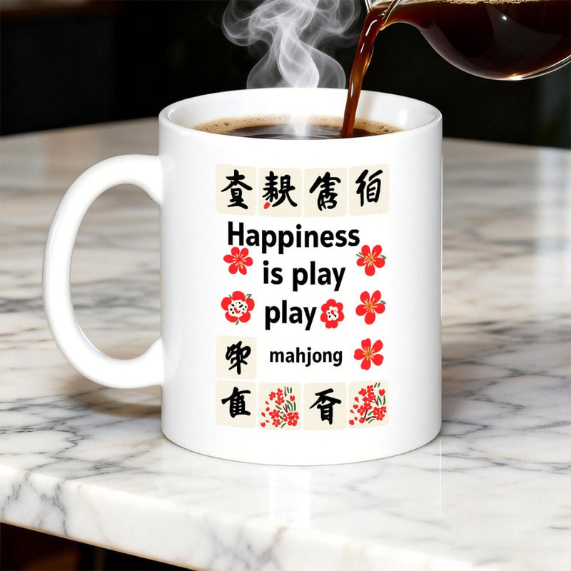 Tailorly White Ceramic 11 oz Mug - Happiness Is Play Play Mahjong Delicate Red Flowers Surrounding Traditional Chinese Gaming Pattern Elements Mahjong