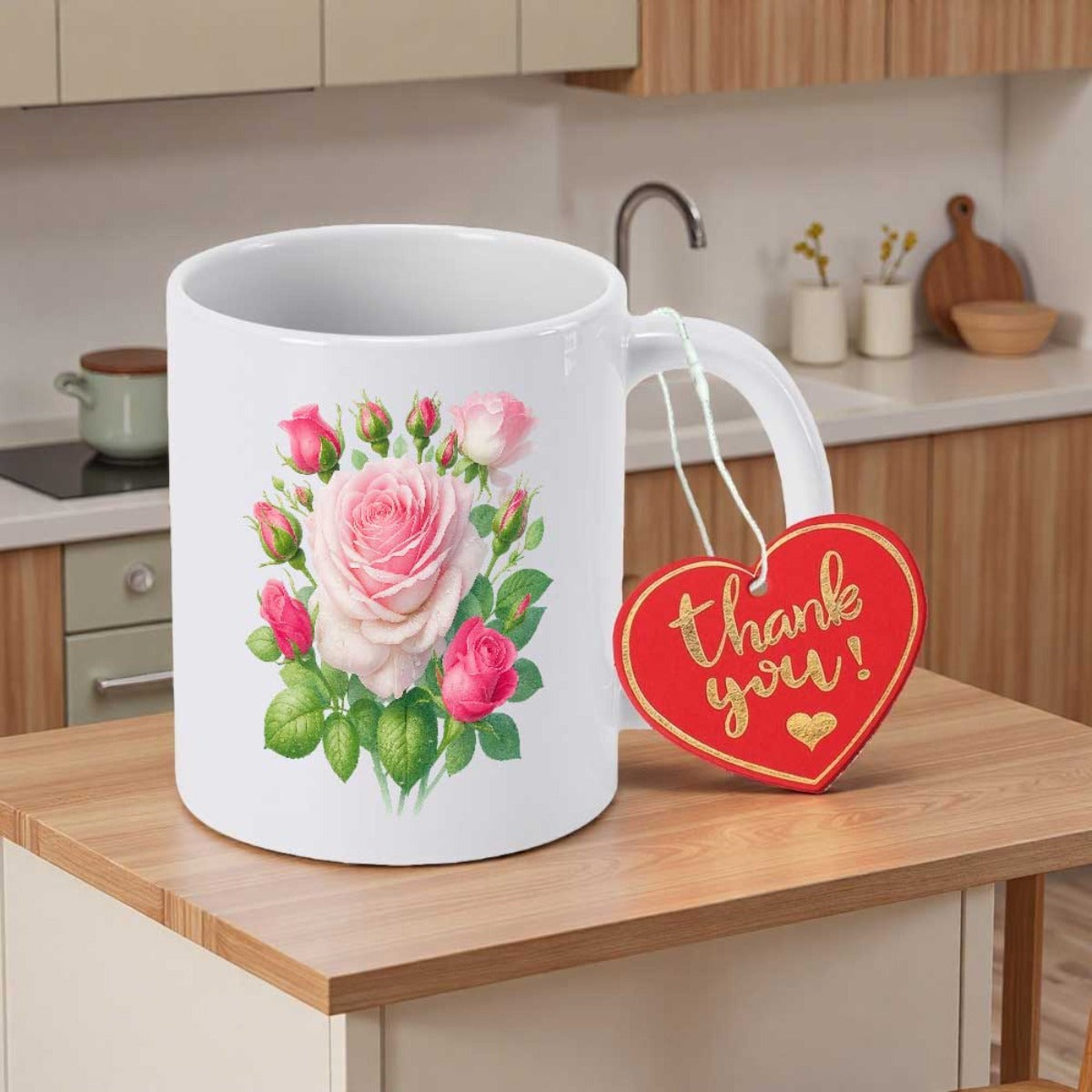 Tailorly White Ceramic 11 oz Mug - Thank You Elegant Pink Blooming Flower With Green Leaves And Buds On White Rose