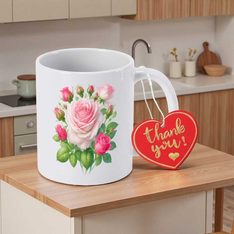 Tailorly White Ceramic 11 oz Mug - Thank You Elegant Pink Blooming Flower With Green Leaves And Buds On White Rose