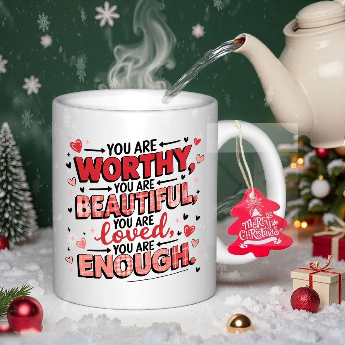 Tailorly White Ceramic 11 oz Mug - You Are Worthy You Are Beautiful You Are Loved You Are Enough Vibrant Red Hearts And Small Black Arrows With Checkered Pattern