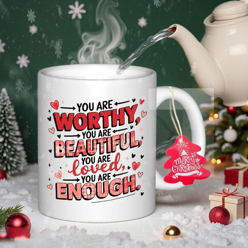 Tailorly White Ceramic 11 oz Mug - You Are Worthy You Are Beautiful You Are Loved You Are Enough Vibrant Red Hearts And Small Black Arrows With Checkered Pattern