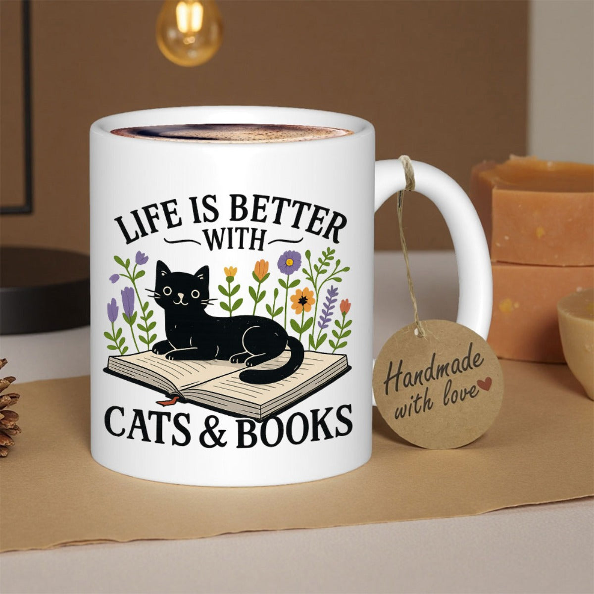 Tailorly White Ceramic 11 oz Mug - Life Is Better With Cats Books Serene Black Cat Resting On An Open Book Among Wildflowers Cat