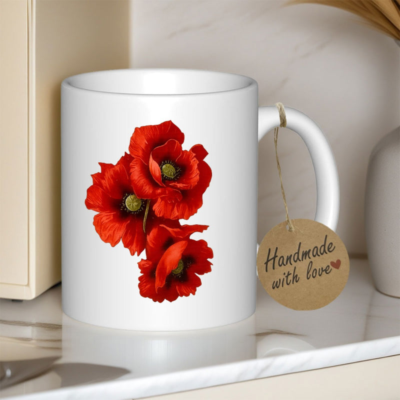 Tailorly White Ceramic 11 oz Mug - Vibrant Red Blossoms Of Delicate Poppies Blooming In Natural Artistic Detail Flower