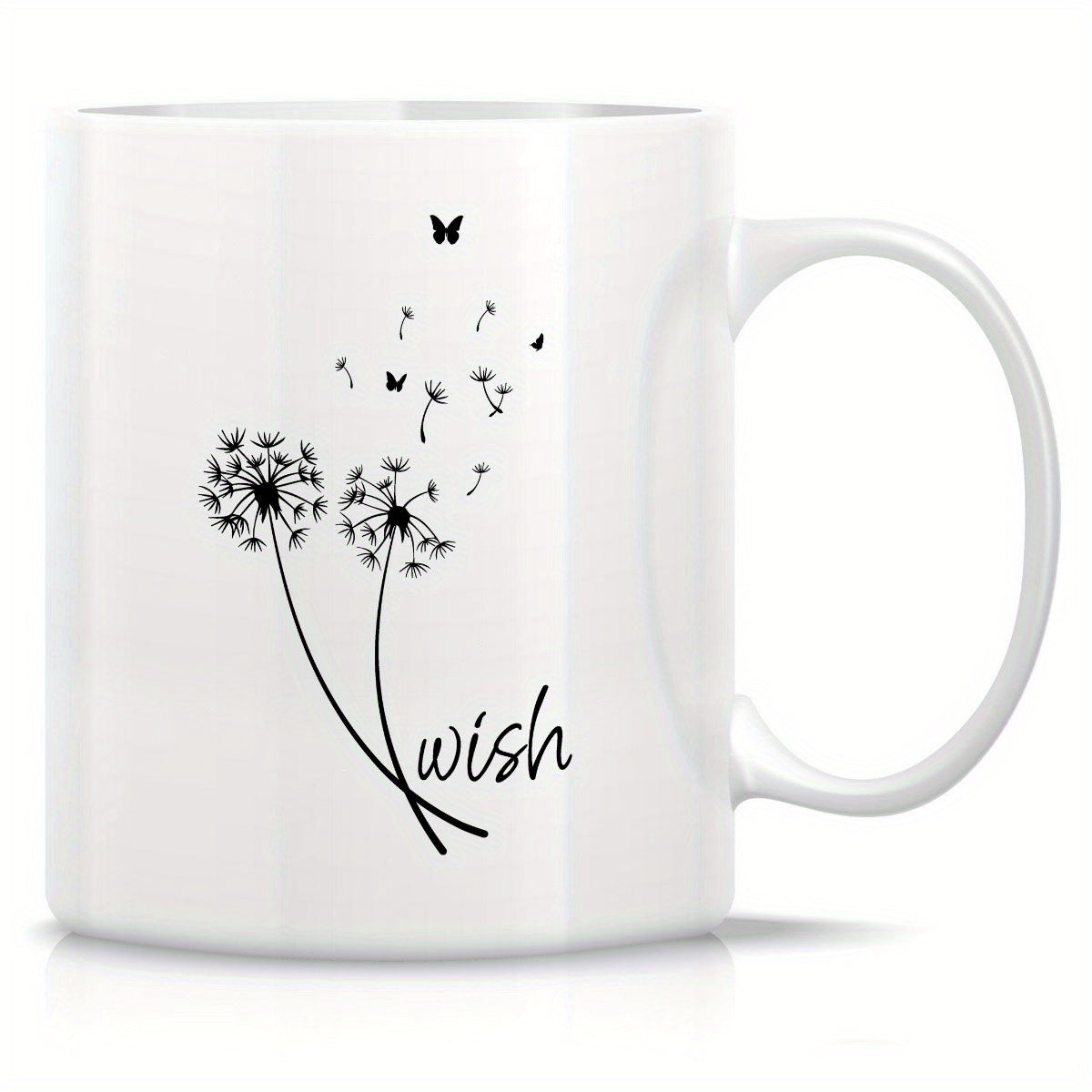 Tailorly White Ceramic 11 oz Mug - Wish Minimalist Black Line Art Style With Seeds Blowing In The Wind Dandelion
