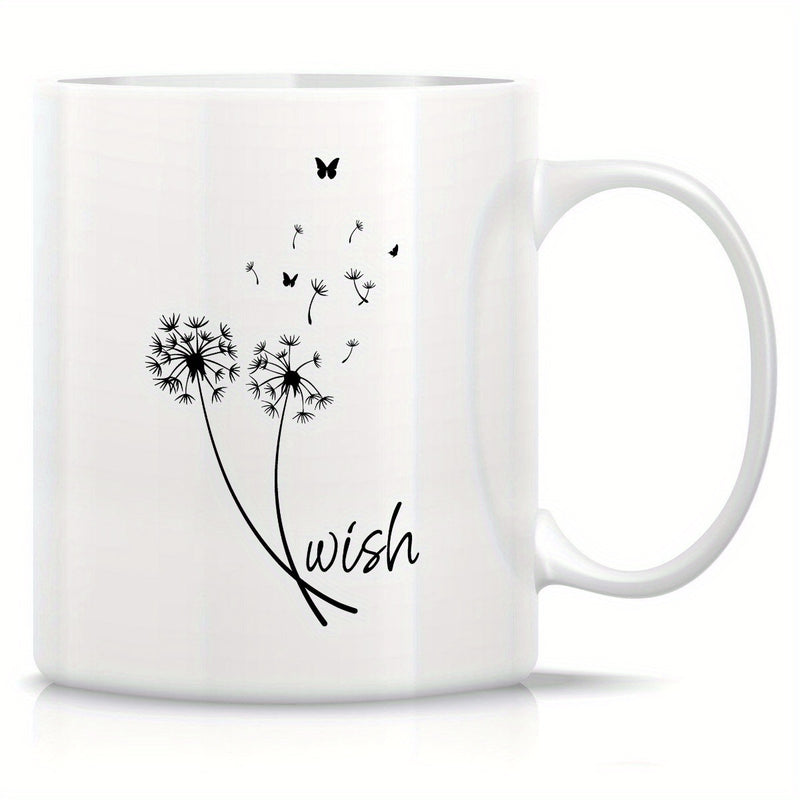 Tailorly White Ceramic 11 oz Mug - Wish Minimalist Black Line Art Style With Seeds Blowing In The Wind Dandelion