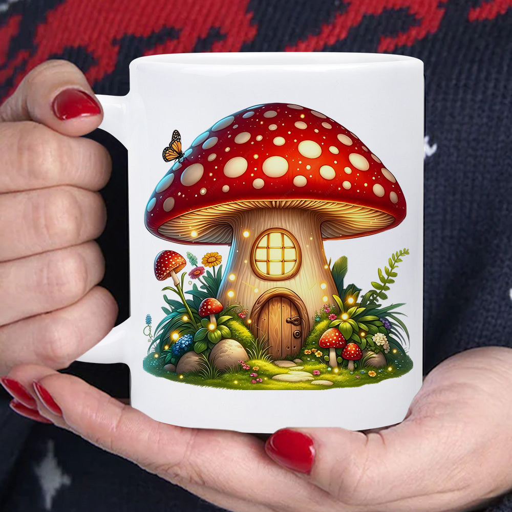 Tailorly White Ceramic 11 oz Mug - Magical Red Fairytale House With Tiny Flowers And Little Butterfly Mushroom