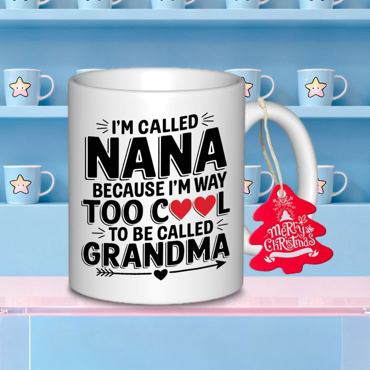 Tailorly White Ceramic 11 oz Mug - Im Called Nana Because Im Way Too Cool To Be Called Grandma Simple Bold Black Typography With Small Red Hearts Arrow Sign