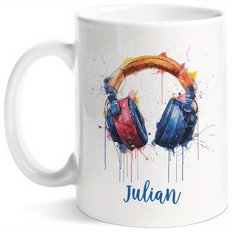 Tailorly White Ceramic 11 oz Mug - Julian Artistic Watercolor Paint Splashes With Vibrant Colors On Modern Music Headphone