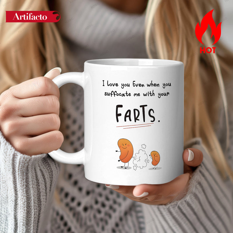 Tailorly White Ceramic 11 oz Mug - I Love You Even When You Suffocate Me With Your Farts Two Smiling Cartoon Beans Sharing A Humorous Moment Within A Puffy Cloud