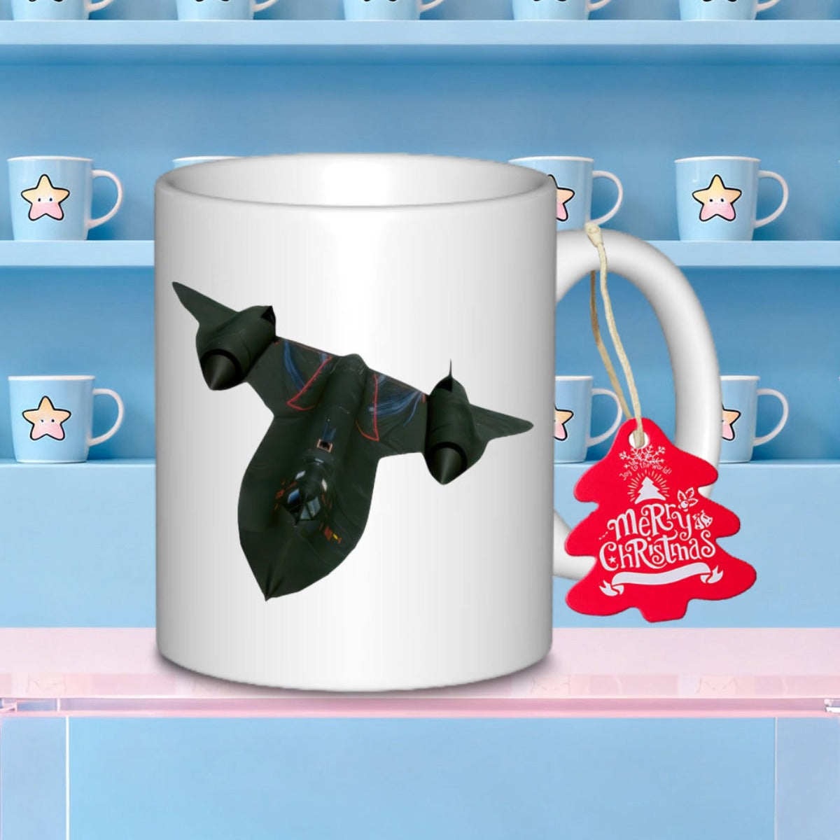 Tailorly White Ceramic 11 oz Mug - Merry Christmas Sleek Black Supersonic Stealth Jet Flying Through Clear White Space Aircraft