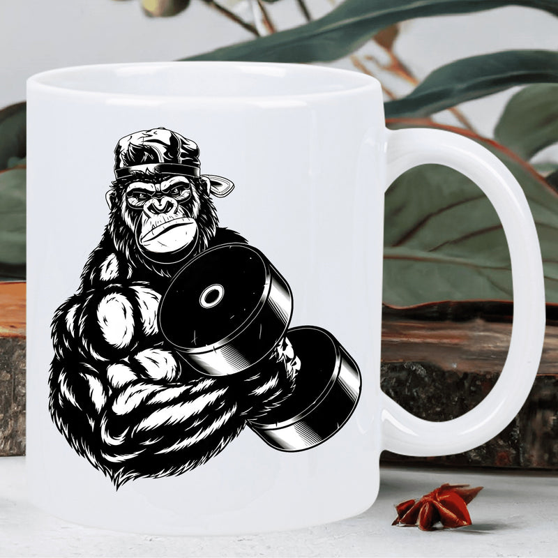 Tailorly White Ceramic 11 oz Mug - Powerful Muscular Bodybuilding Primate Wearing Baseball Cap While Lifting Heavy Iron Dumbbell Gorilla