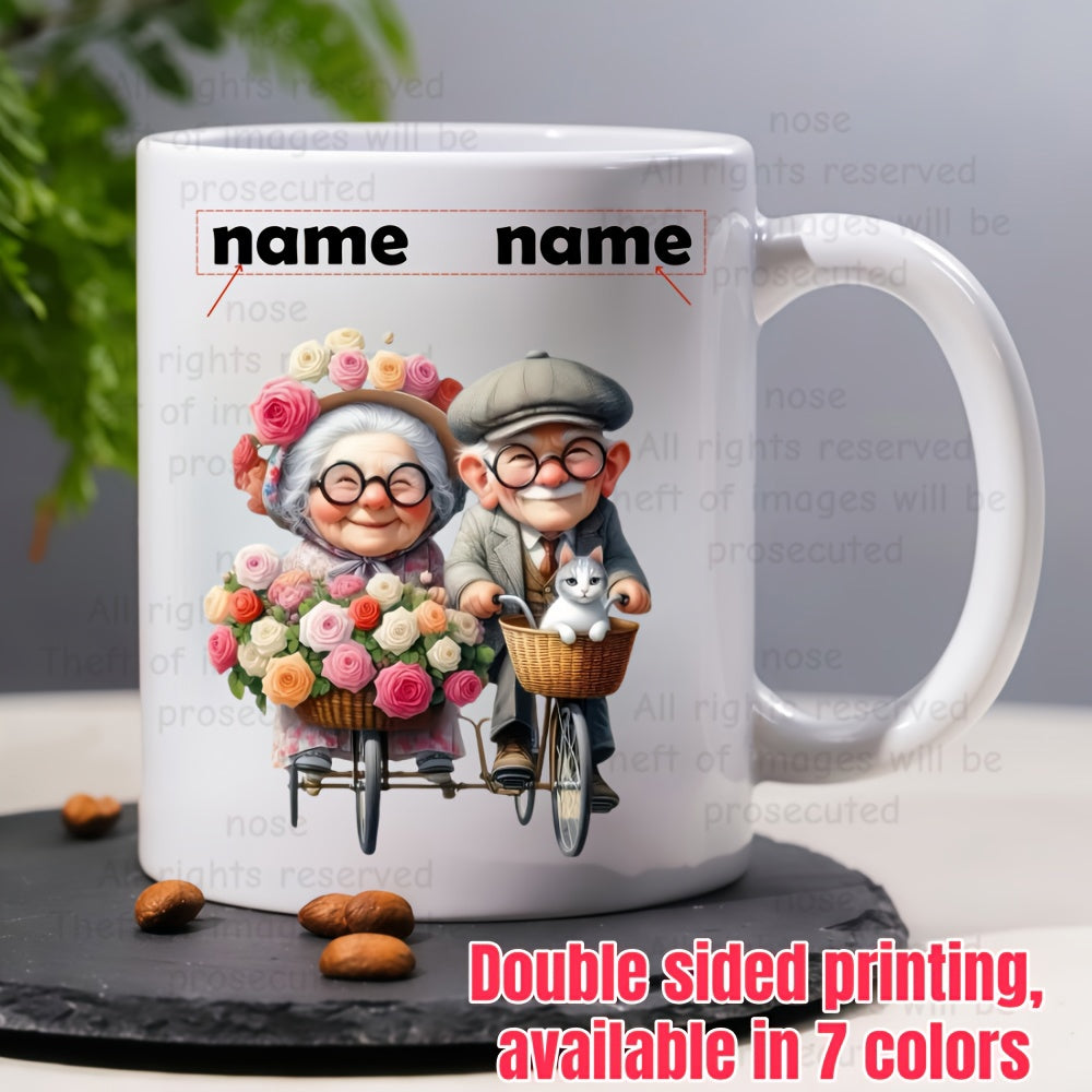 Tailorly White Ceramic 11 oz Mug - Name Charming Elderly Couple Riding Bicycles With Flowers And Cat Couple
