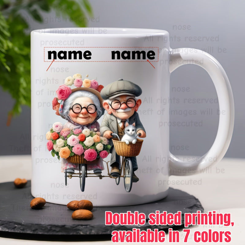 Tailorly White Ceramic 11 oz Mug - Name Charming Elderly Couple Riding Bicycles With Flowers And Cat Couple
