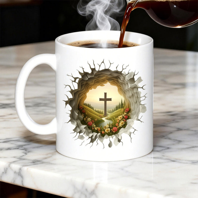 Tailorly White Ceramic 11 oz Mug - Broken Wall With Rolling Hills And Colorful Flowers Surrounding A Majestic Cross