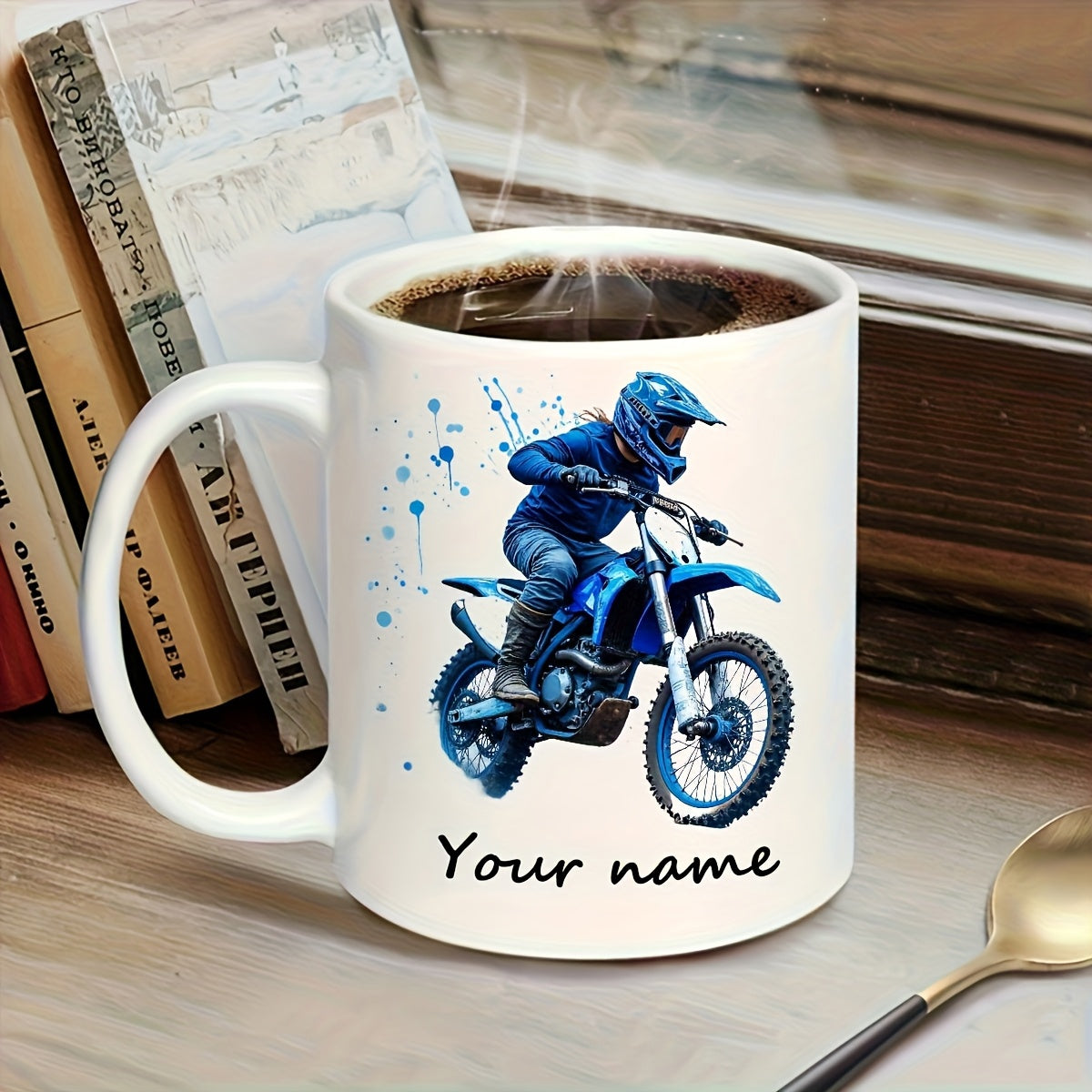 Tailorly White Ceramic 11 oz Mug - Your Name Powerful Blue Dirt Bike With Skilled Rider Jumping Mid Air Dynamic Motorcycle