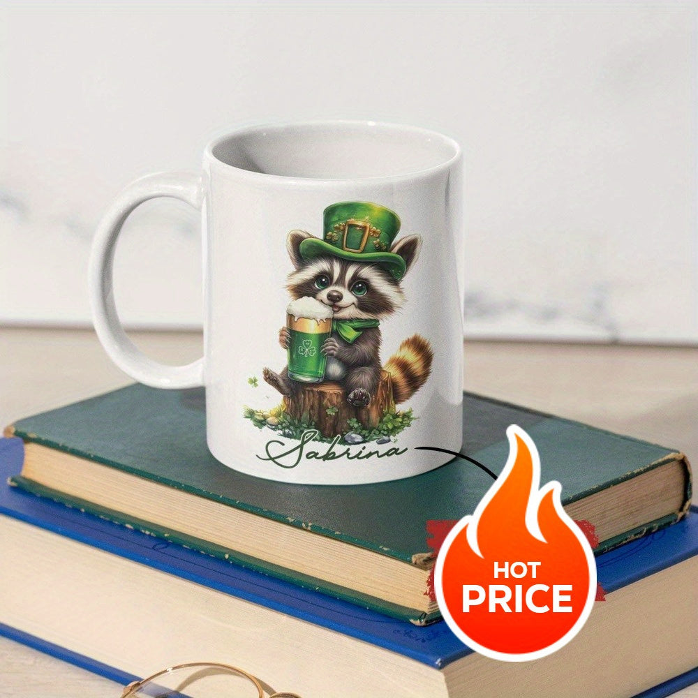 Tailorly White Ceramic 11 oz Mug - Sabrina Adorable Forest Animal Wearing Festive Green Hat Enjoying Foamy Beer Raccoon