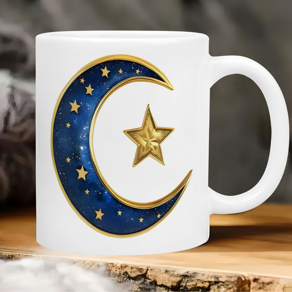 Tailorly White Ceramic 11 oz Mug - Golden Crescent Moon With Blue Galaxy Texture And Sparkling Radiant Star Moon