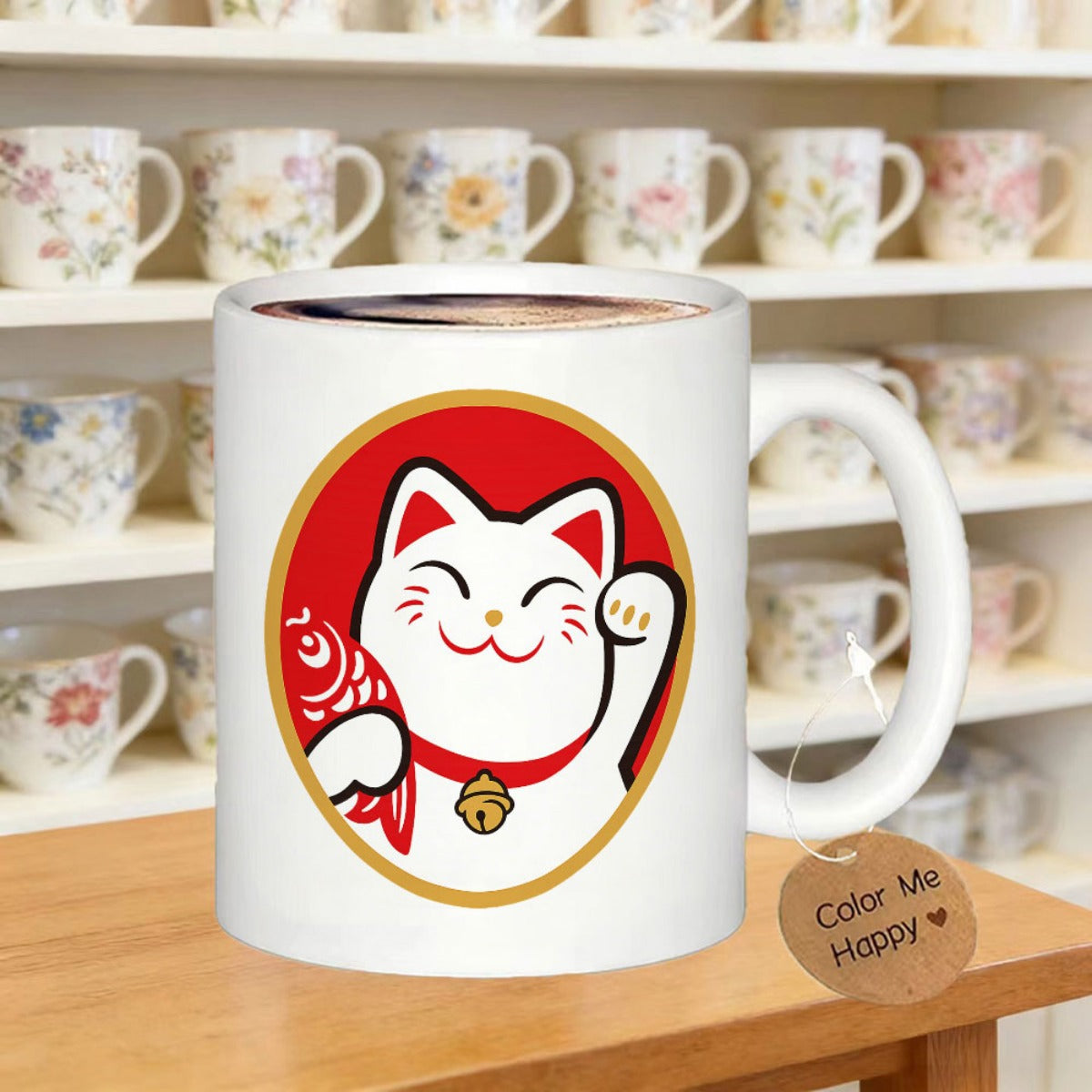 Tailorly White Ceramic 11 oz Mug - Color Me Happy Smiling Traditional Japanese Lucky Cat Holding Red Sea Bream Cat