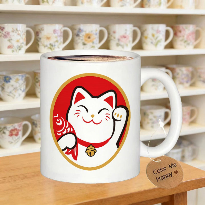 Tailorly White Ceramic 11 oz Mug - Color Me Happy Smiling Traditional Japanese Lucky Cat Holding Red Sea Bream Cat