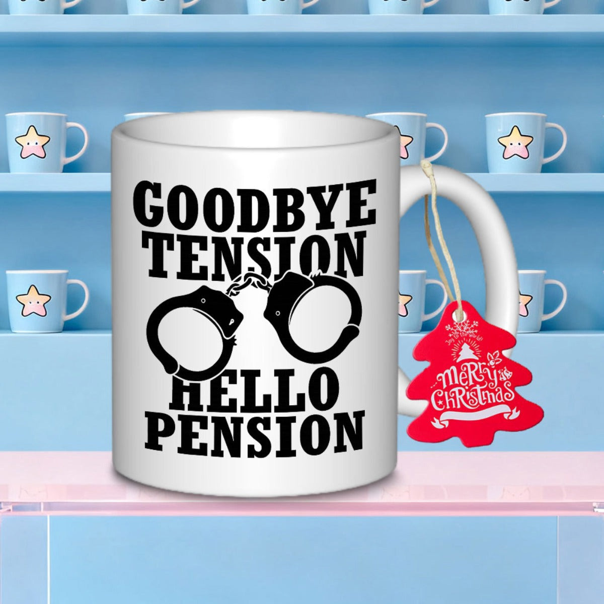 Tailorly White Ceramic 11 oz Mug - Goodbye Tension Hello Pension Linked Metal Shackles With Realistic Chains Centered On A Ceramic Base Handcuffs