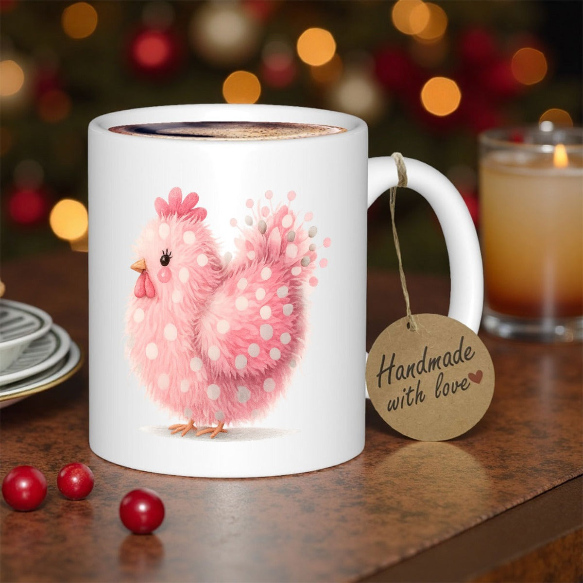 Tailorly White Ceramic 11 oz Mug - Handmade With Love Adorable Pink Hen Covered In White Polka Dots Standing Gracefully Hen