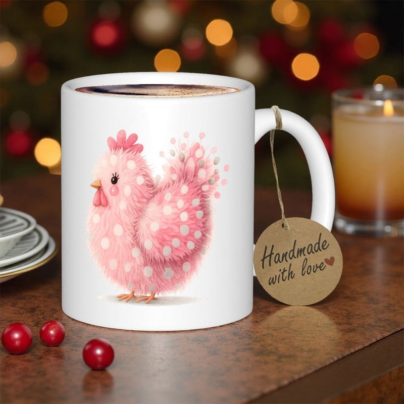 Tailorly White Ceramic 11 oz Mug - Handmade With Love Adorable Pink Hen Covered In White Polka Dots Standing Gracefully Hen