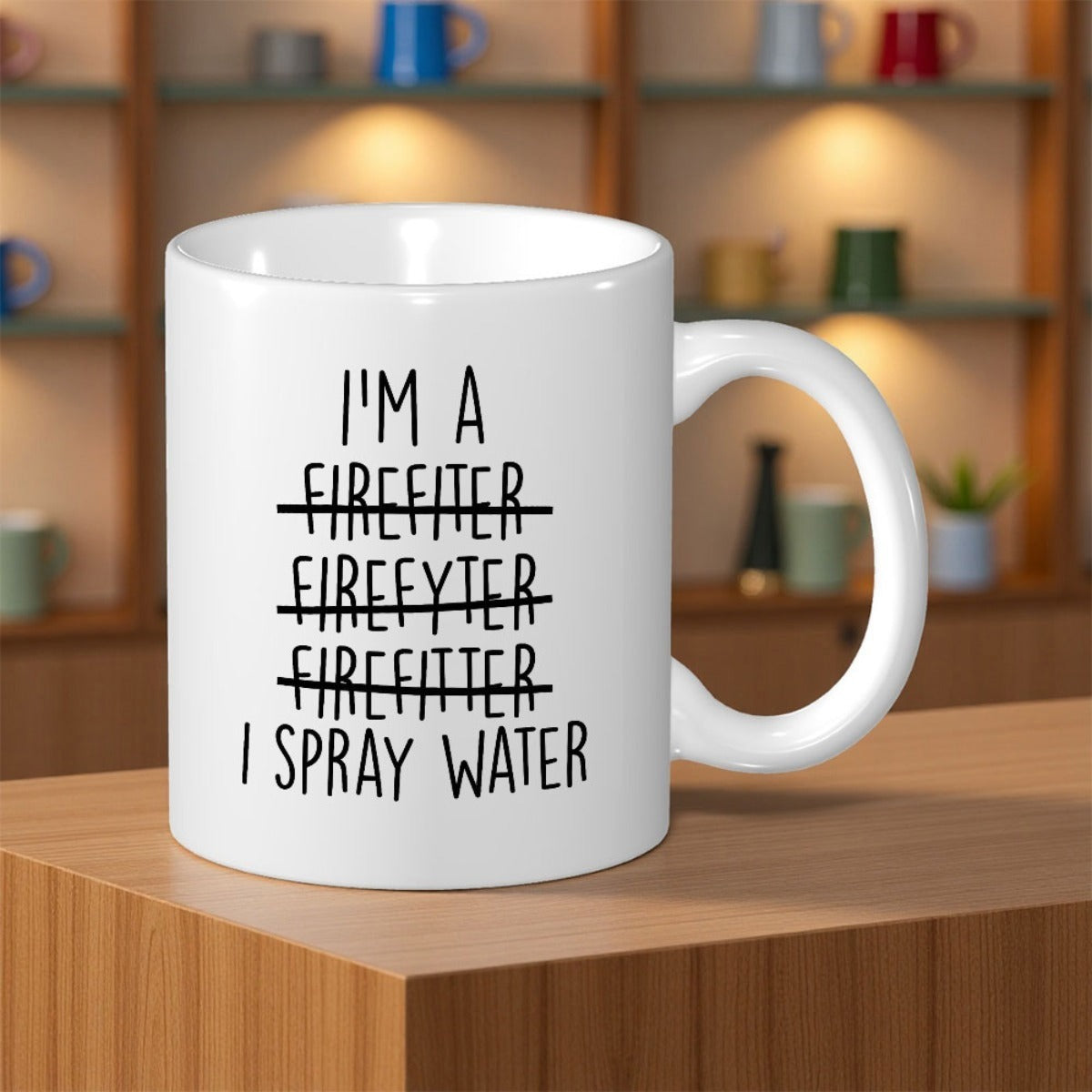Tailorly White Ceramic 11 oz Mug - Im A Firefiter Firefyter Firefitter I Spray Water Minimalist Black Hand Drawn Typography Against A Plain Ceramic Background Mug