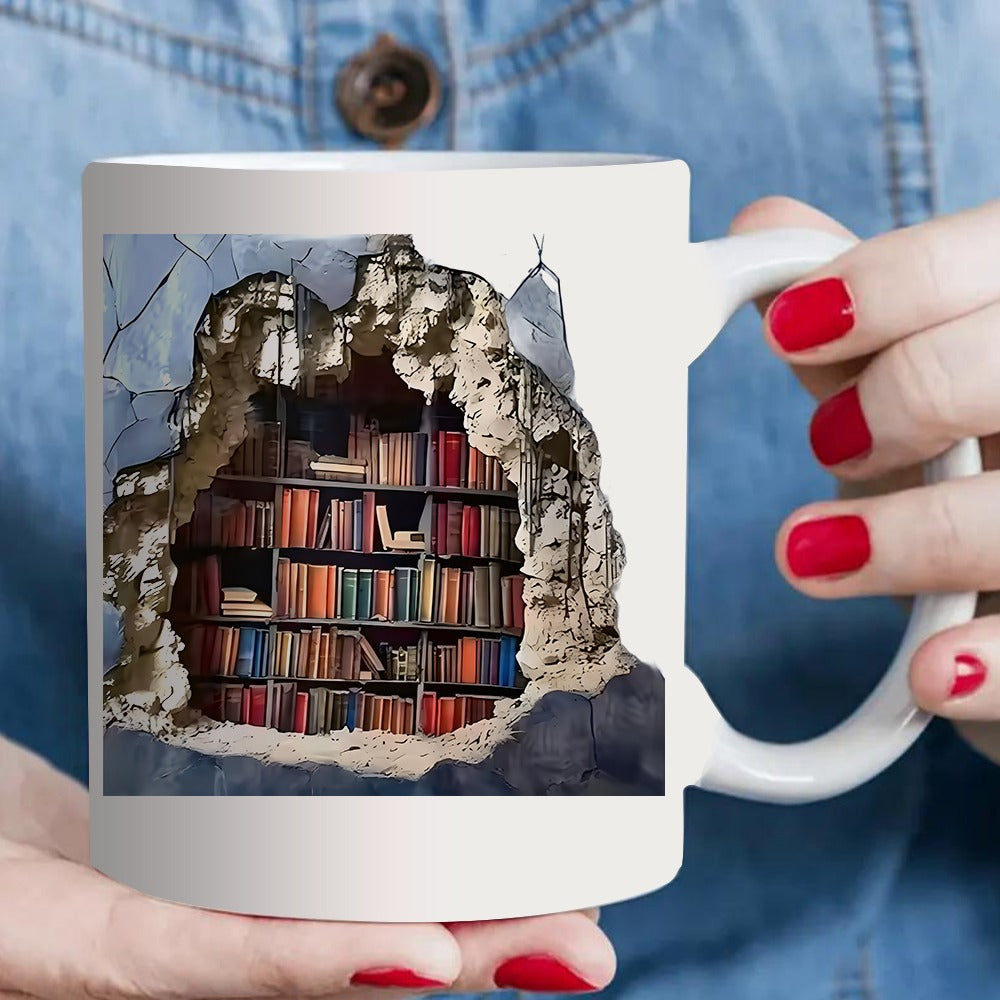 Tailorly White Ceramic 11 oz Mug - Broken Stone Wall Revealing Hidden Ancient Library With Many Colorful Books Bookshelf