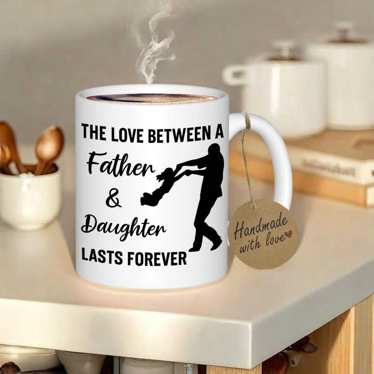 Tailorly White Ceramic 11 oz Mug - The Love Between A Father Daughter Lasts Forever Silhouetted Figure Of Parent Swinging Little Child In Happy Moment Silhouette