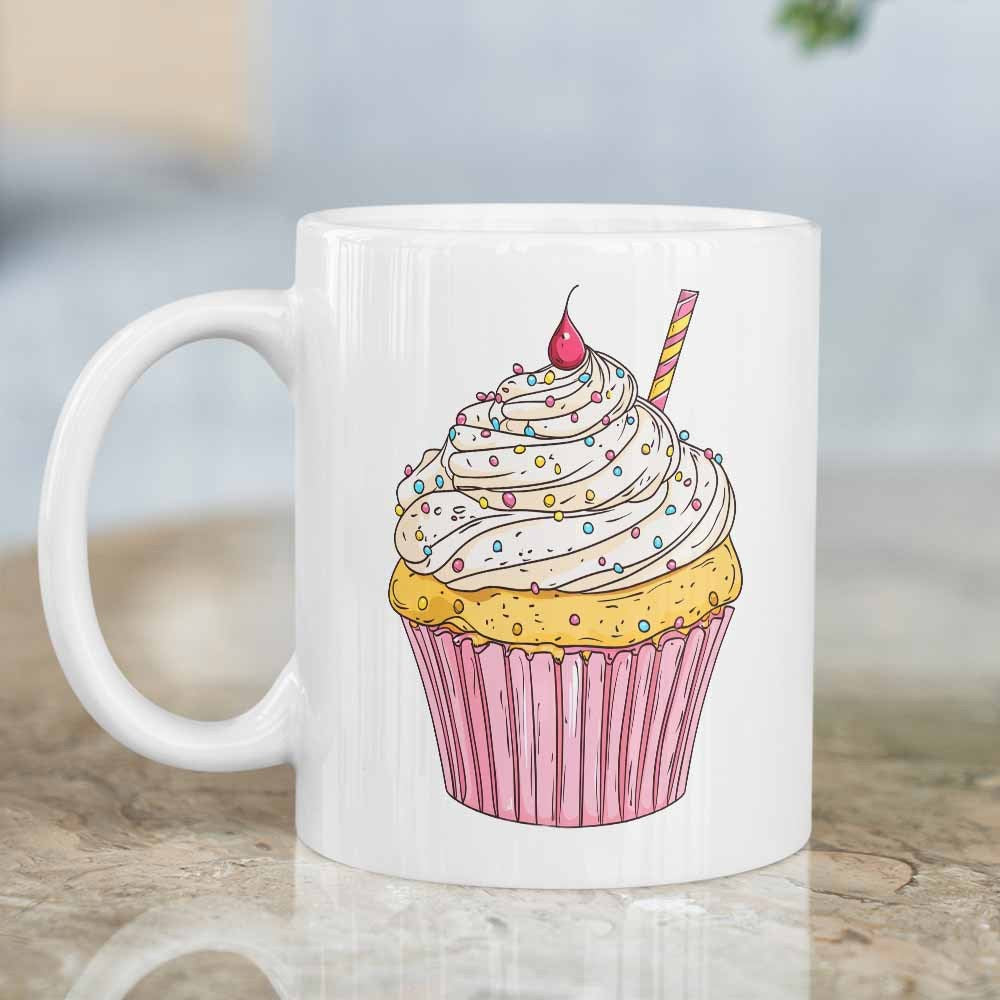 Tailorly White Ceramic 11 oz Mug - Sweet Delicious Dessert With Pink Wrapper And Creamy Swirl Frosting Cupcake
