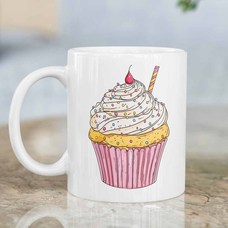 Tailorly White Ceramic 11 oz Mug - Sweet Delicious Dessert With Pink Wrapper And Creamy Swirl Frosting Cupcake