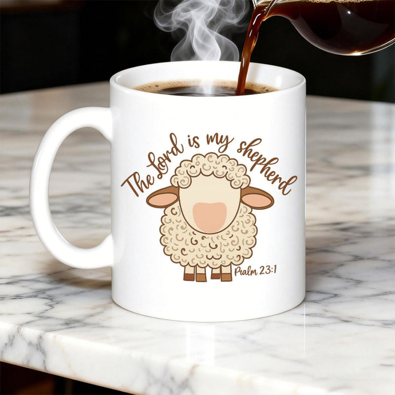 Tailorly White Ceramic 11 oz Mug - The Lord Is My Shepherd Psalm 23 1 Fluffy Little Lamb With Curly Wool Standing Peacefully On A Clean Background Sheep