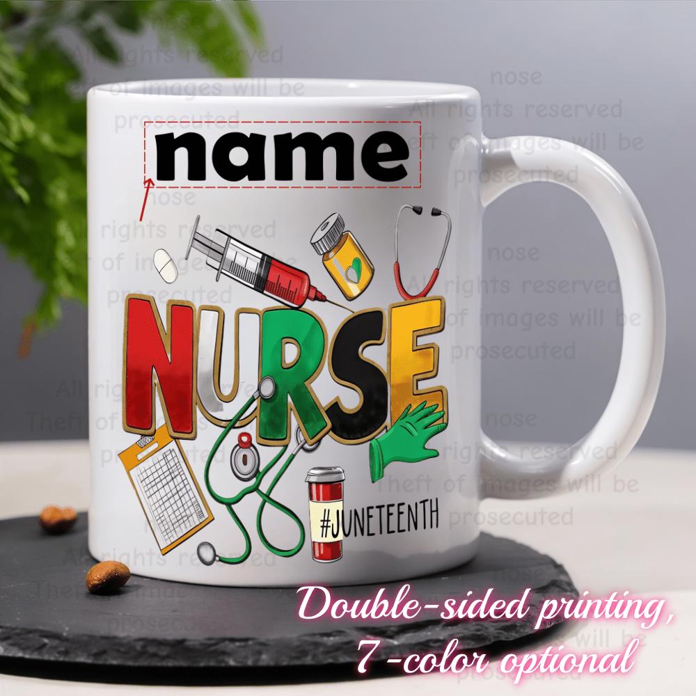 Tailorly White Ceramic 11 oz Mug - Name Nurse Juneteenth Medical Tools With Stethoscope And Syringe Among Colorful Healthcare Elements Nurse