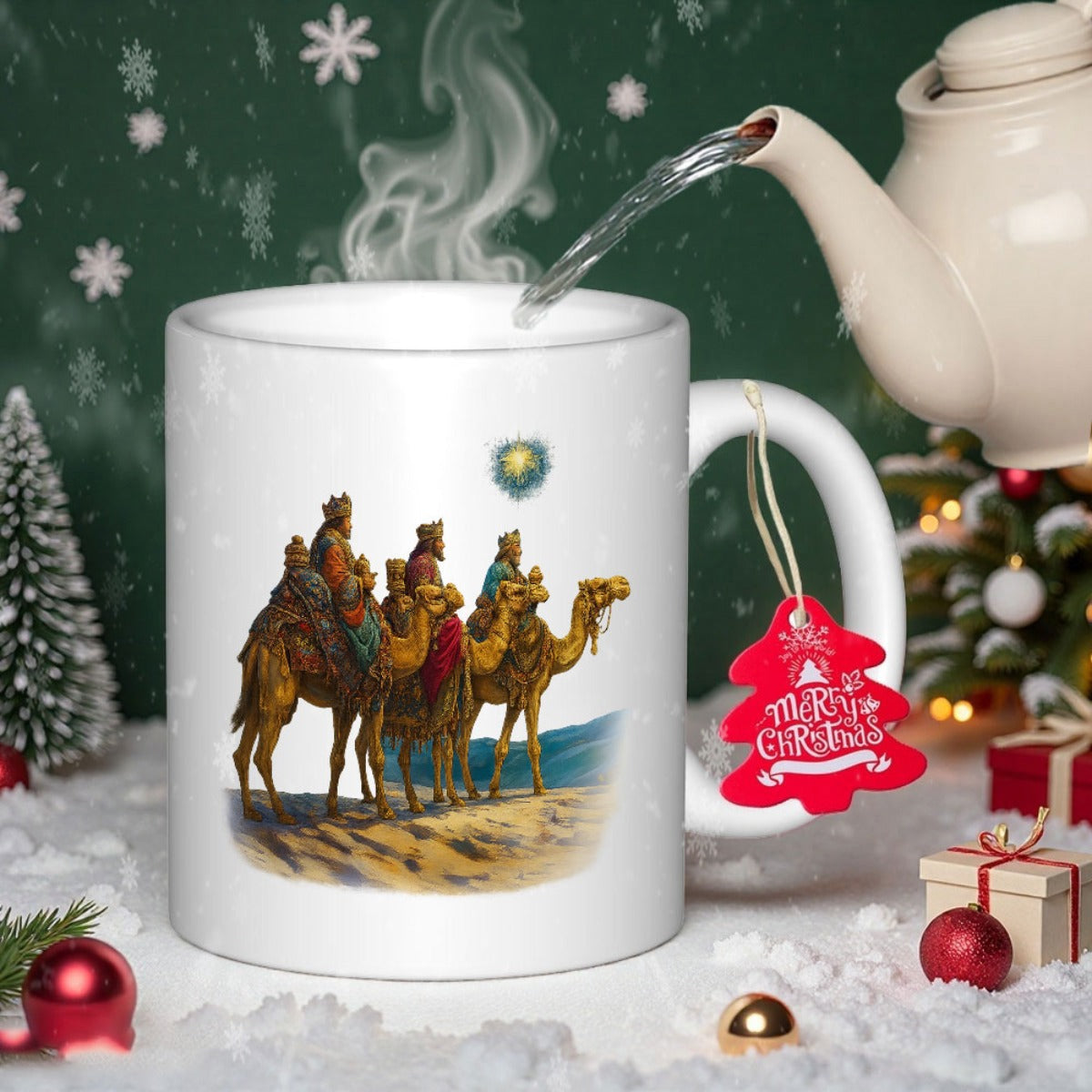 Tailorly White Ceramic 11 oz Mug - Merry Christmas Three Wise Men Riding Camels Across The Desert Under Star Magi