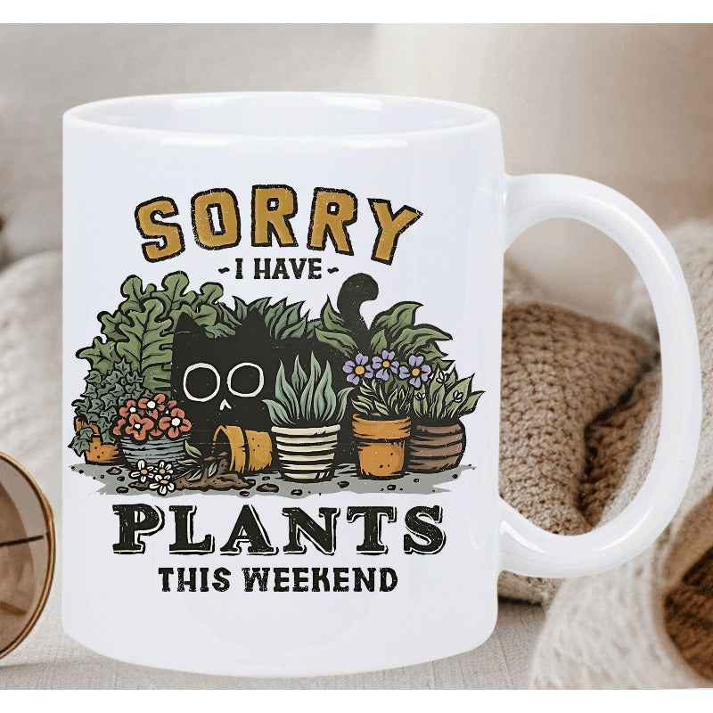Tailorly White Ceramic 11 oz Mug - Sorry I Have Plants This Weekend Curious Black Cat Peeking Through Various Potted Garden Plant