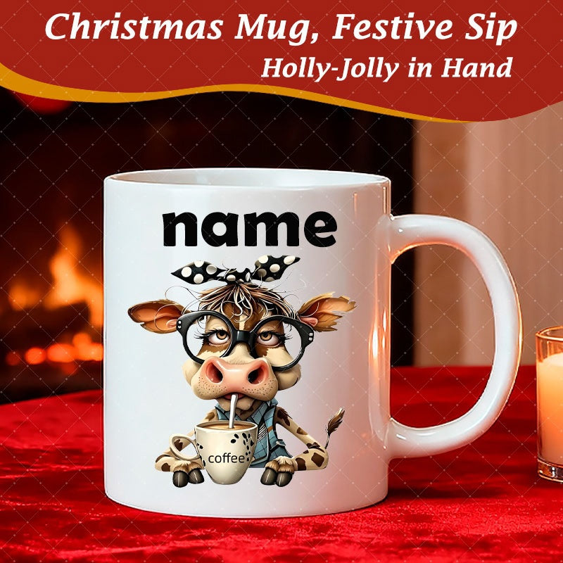 Tailorly White Ceramic 11 oz Mug - Name Coffee Cute Heifer Wearing Round Glasses And Polka Dot Headband Bandana Cow