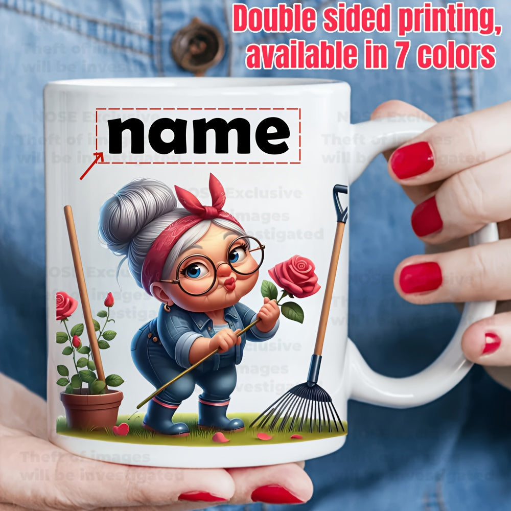 Tailorly White Ceramic 11 oz Mug - Name Adorable Cartoon Grandmother Holding A Red Rose Within A Lush Garden Gardener