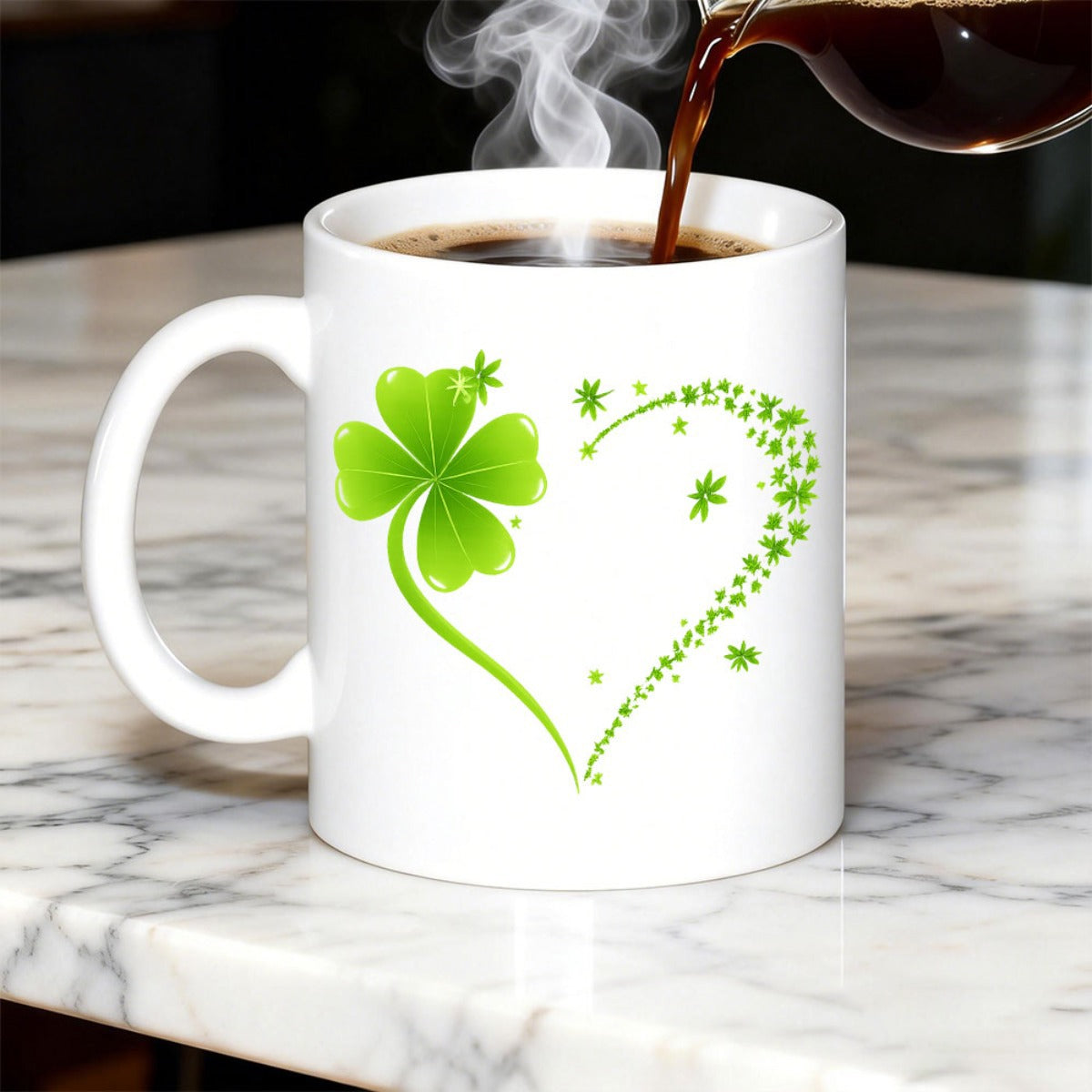 Tailorly White Ceramic 11 oz Mug - Vibrant Green Heart Shaped Four Leaf Clover With Sparkling Decorative Trail Shamrock