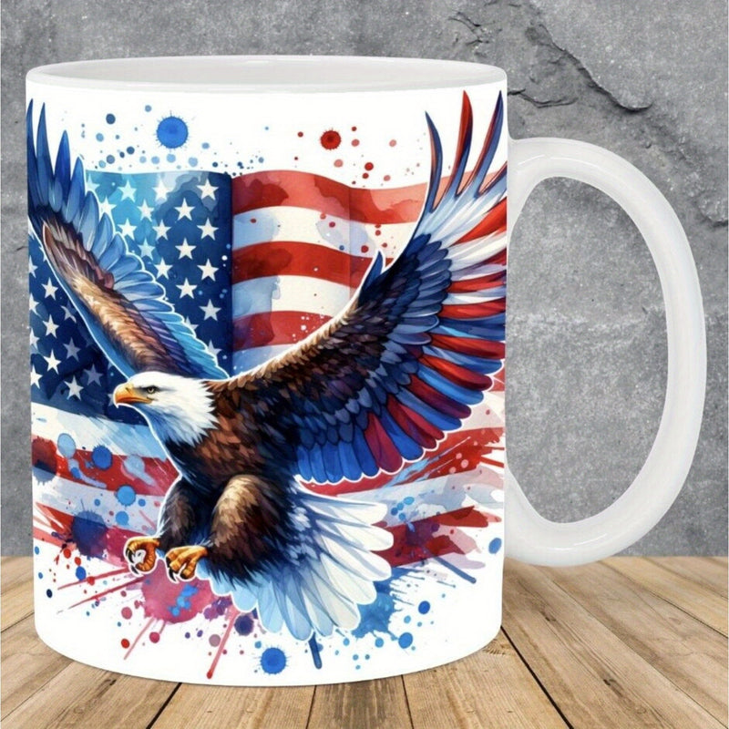 Tailorly White Ceramic 11 oz Mug - Majestic Patriotic Wings Spread Wide Before A Rippling American Flag Eagle