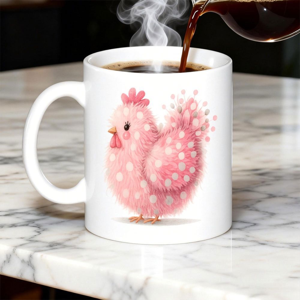Tailorly White Ceramic 11 oz Mug - Fluffy Pink Polka Dot Stylized Watercolor Pattern Resting Softly Hen