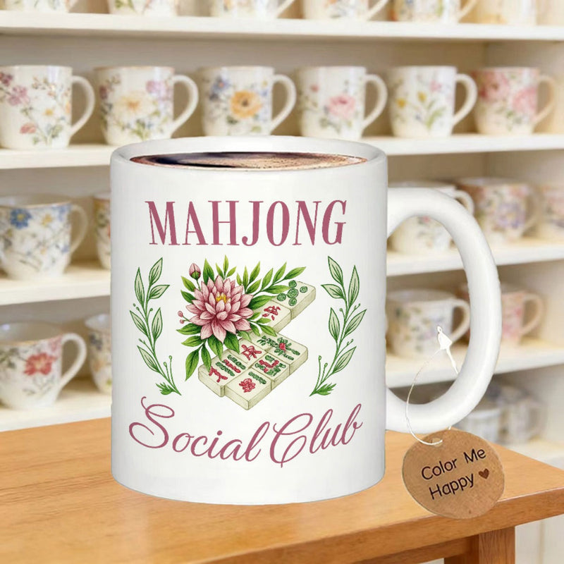 Tailorly White Ceramic 11 oz Mug - Mahjong Social Club Watercolor Mahjong Tiles Featuring Elegant Pink Flower And Green Leaves Mahjong