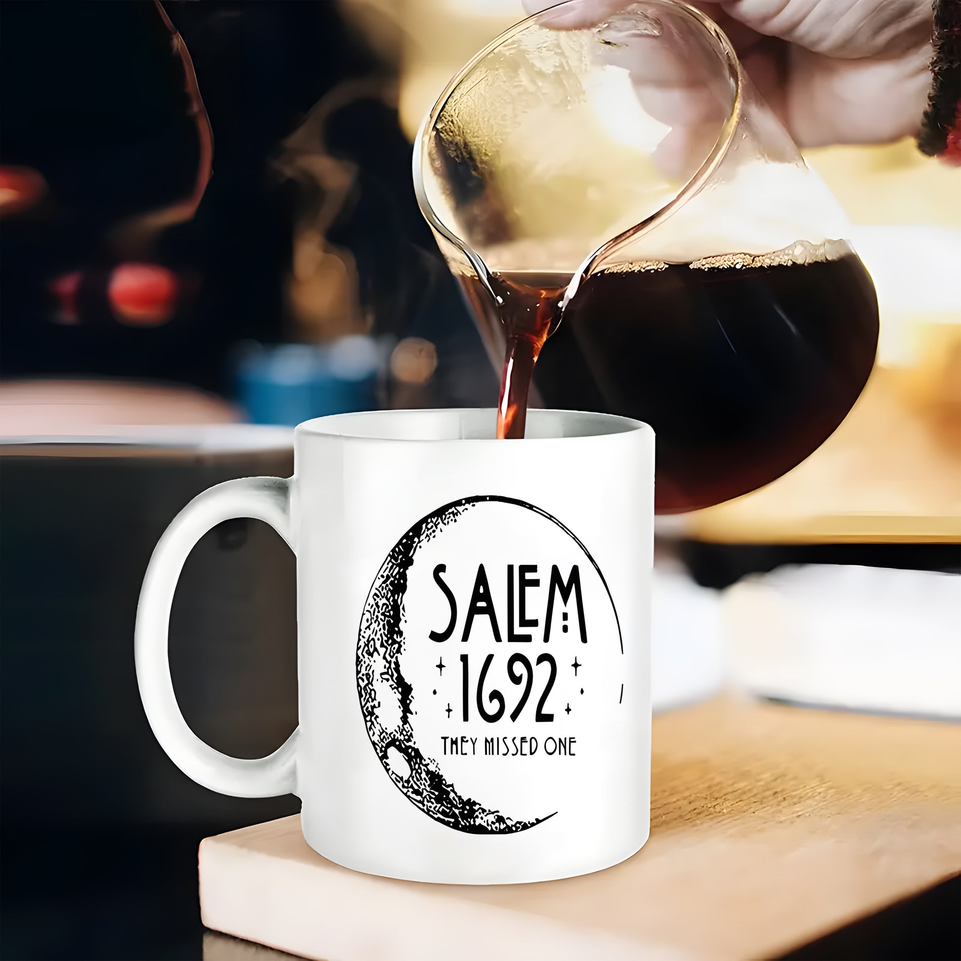 Tailorly White Ceramic 11 oz Mug - Salem 1692 They Missed One Artistic Crescent Moon With Detailed Crater Texture And Twinkling Stars Moon