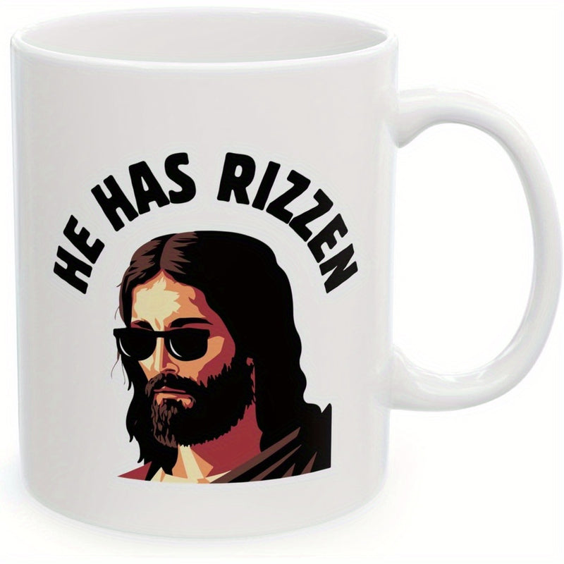 Tailorly White Ceramic 11 oz Mug - He Has Rizzen Modern Artistic Depiction Wearing Dark Sunglasses With Thick Black Beard Jesus