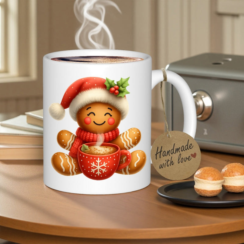 Tailorly White Ceramic 11 oz Mug - Handmade With Love Adorable Festive Character Wearing Red Santa Hat Holding Steaming Cocoa Cup Gingerbread Man
