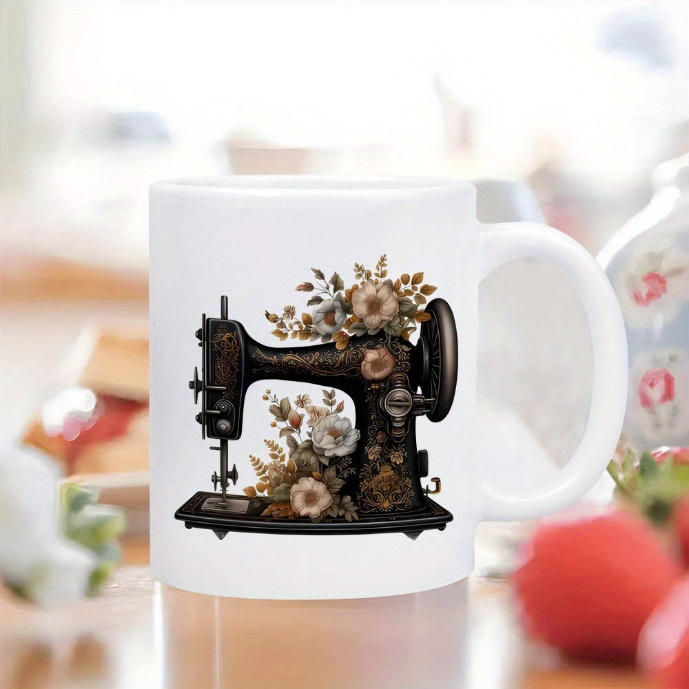 Tailorly White Ceramic 11 oz Mug - Vintage Antique Black Tool Adorned With Elegant Muted Toned Floral Blossoms Sewing Machine