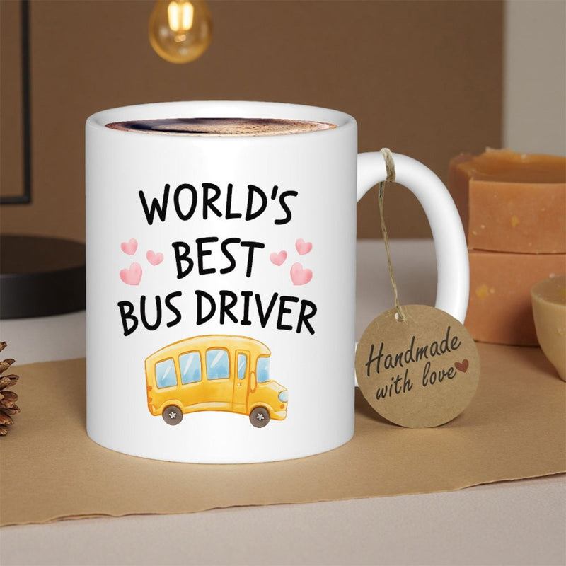 Tailorly White Ceramic 11 oz Mug - Worlds Best Bus Driver Vibrant Yellow School Bus With Pink Hearts Among Hand Drawn Textures Bus