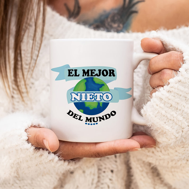 Tailorly White Ceramic 11 oz Mug - Colorful Blue And Green Earth With Ribbon Banners And Small Stars Globe