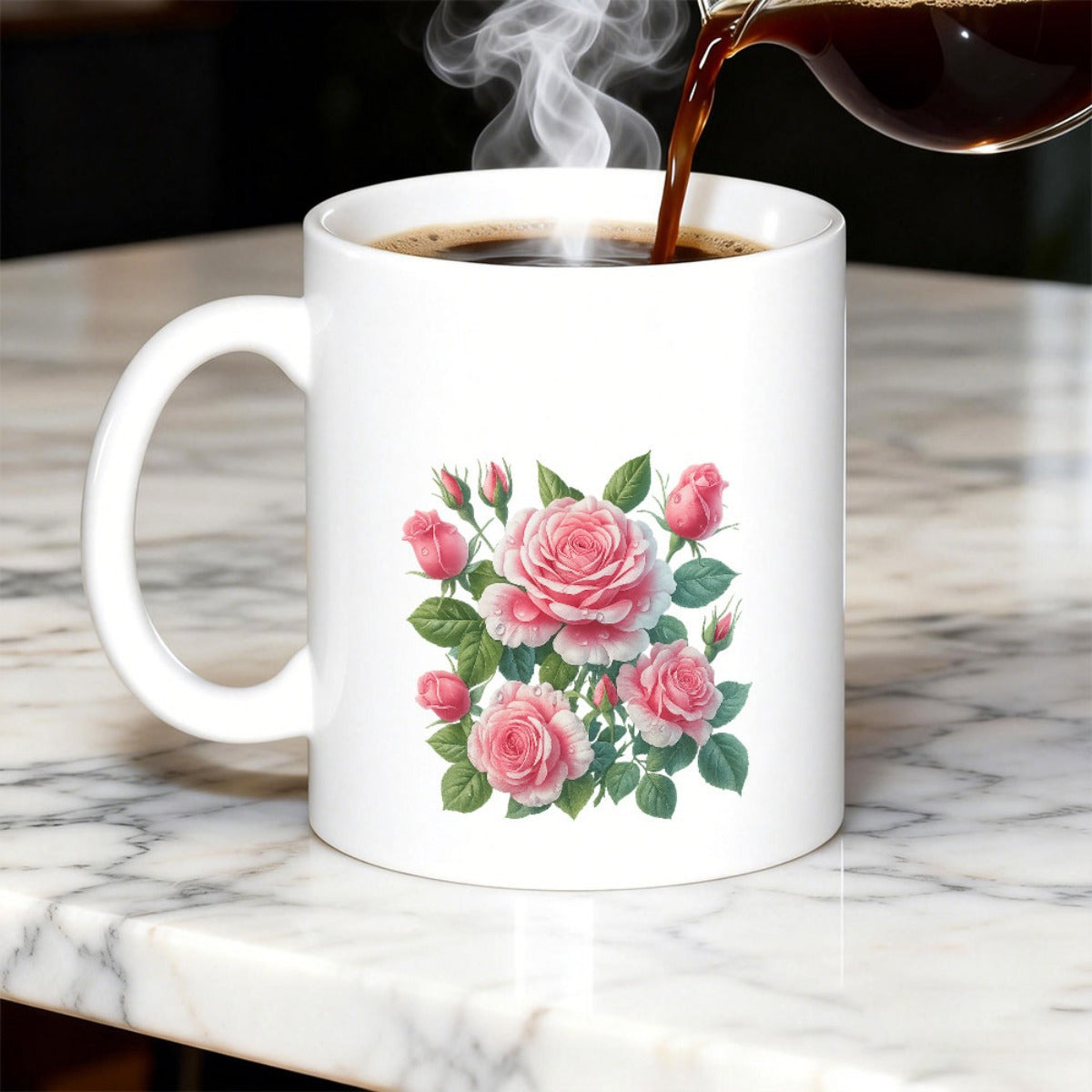 Tailorly White Ceramic 11 oz Mug - Pink Blooming Roses With Vibrant Green Leaves And Elegant Buds Rose