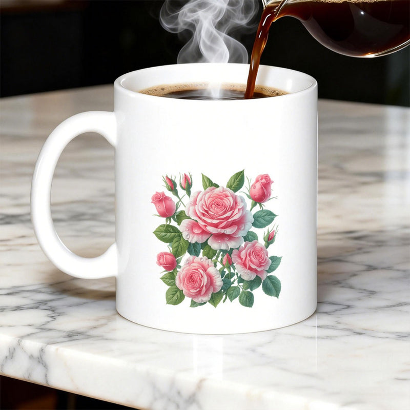 Tailorly White Ceramic 11 oz Mug - Pink Blooming Roses With Vibrant Green Leaves And Elegant Buds Rose