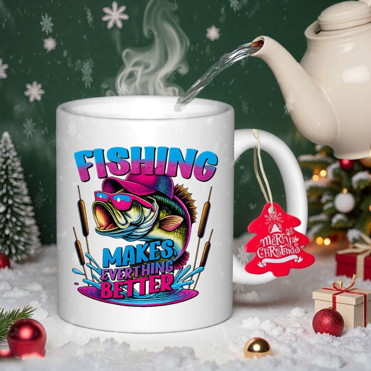 Tailorly White Ceramic 11 oz Mug - Fishing Makes Everything Better Vibrant Cool Bass Wearing Pink Sunglasses And Hat Splashing Among Reeds Fish